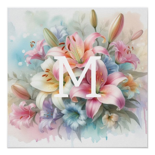 Poster Floral aquarelle monogramme rose lys fleurs (Devant)