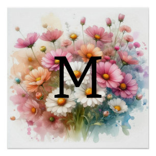 Poster Floral aquarelle monogramme rose marguerites fleur