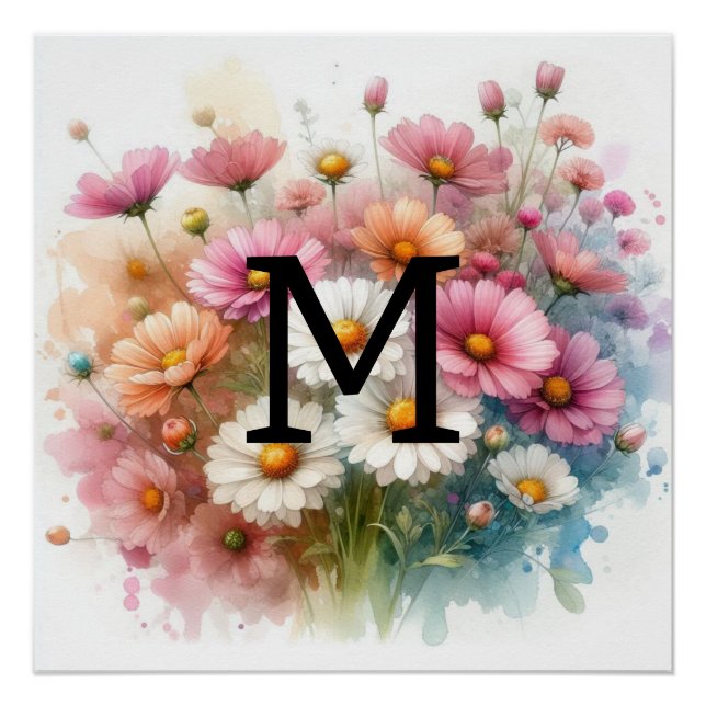 Poster Floral aquarelle monogramme rose marguerites fleur (Devant)