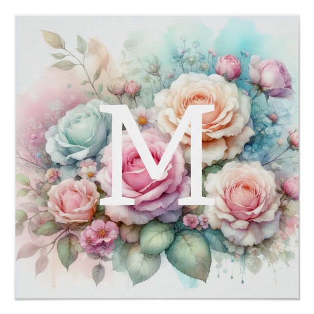 Poster Floral aquarelle monogramme rose roses fleurs (Devant)