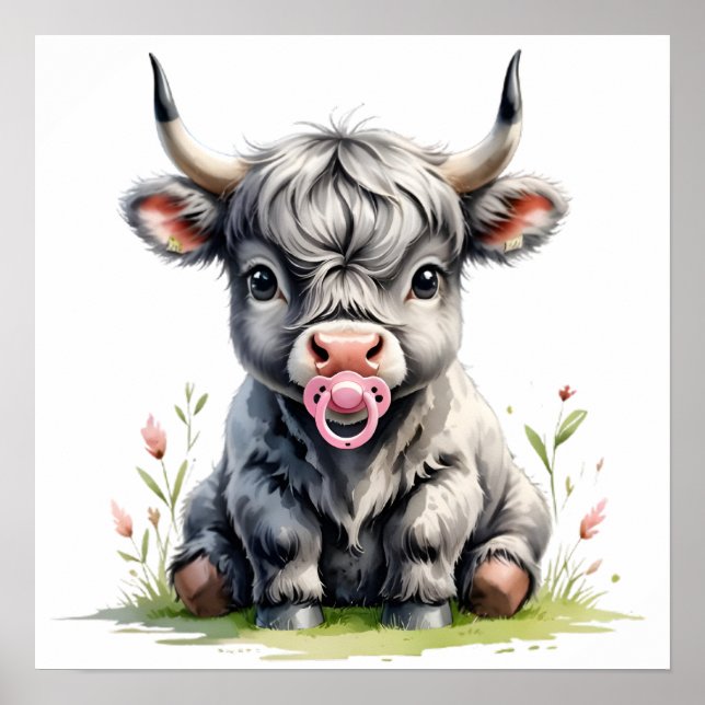 Poster floral Blush Baby Highland Cow (Devant)