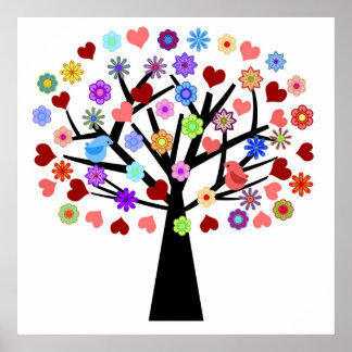 Poster Floral coloré et Coeurs avec Lovebirds Tree Ill