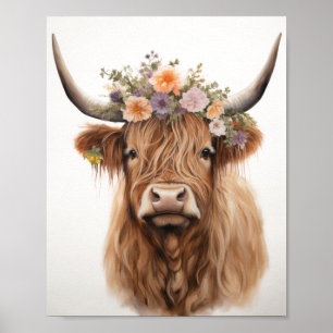 Poster Floral Highland Cow