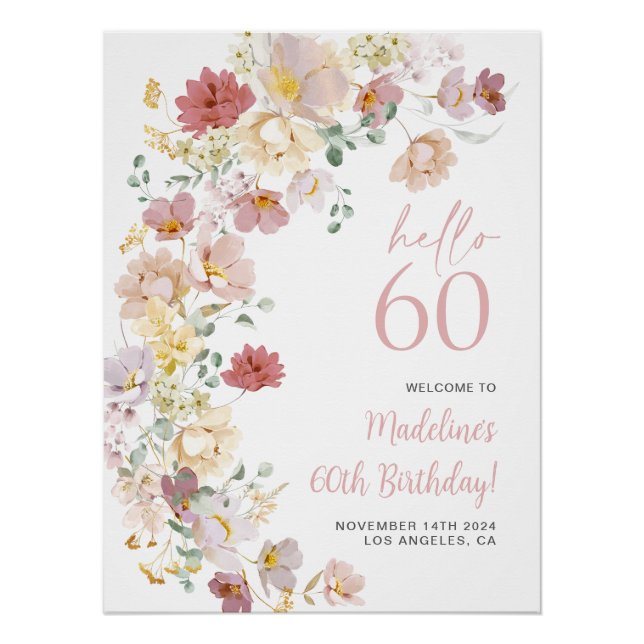 Poster Floral rose pâle 60e anniversaire Bienvenue (Devant)