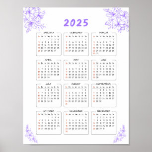 Poster floral violet minimal 2025 du calendrier mu