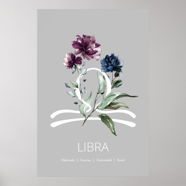 Poster Floral Zodiac Star Sign Libra (Devant)