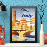 Poster Florence Italie Ponte Vecchio Vintage voyage du po<br><div class="desc">Illustration vintage Affiche de voyage européenne de Florence, Florence, Italie avec la tour de l'horloge du Palazzo Vecchio (hôtel de ville) et un avion volant dans le ciel. Un homme est en train de ramer un bateau sous le Ponte Vecchio (alias "Old Bridge" en italien). La belle architecture des bâtiments...</div>