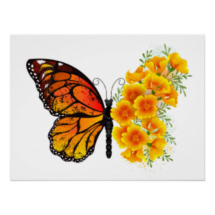 Poster Flower Butterfly with Yellow California Poppy