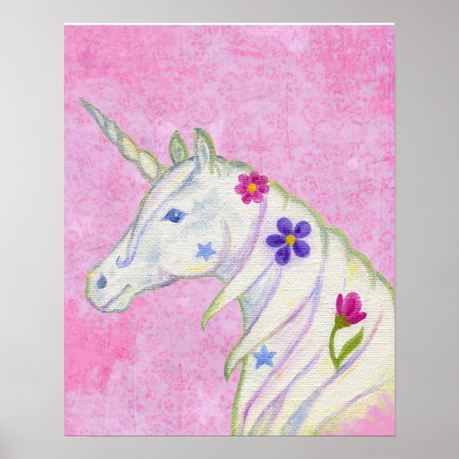 Poster Flower Unicorn on Pink art print (Devant)