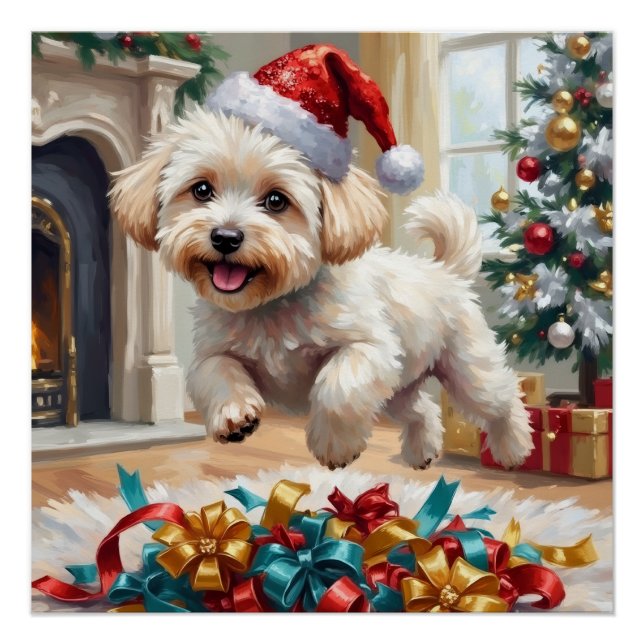 Poster Fluffy Bichon Frise Dog Joyful Christmas (Devant)