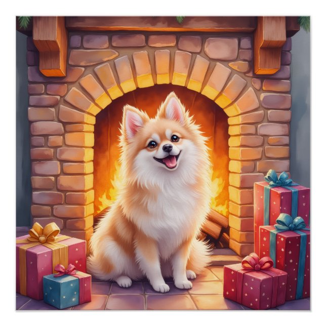 Poster Fluffy Pomeranian Cozy Christmas Fireplace Dog Art (Devant)