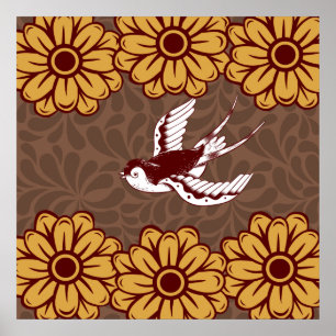Poster Flying Bird with Flowers Damask Pattern