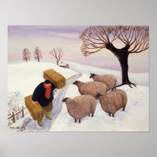 Poster Foin de transport aux moutons en hiver