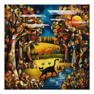 Poster Forêt d'automne cubiste avec rivière et prairie