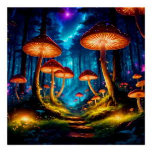 Poster Forêt de champignons magique de minuit