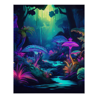 Poster Forêt de néon et champignons éclatants Art Imagina