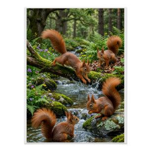 Poster Forêt de petits écureuils joueurs Fle Nature Bois