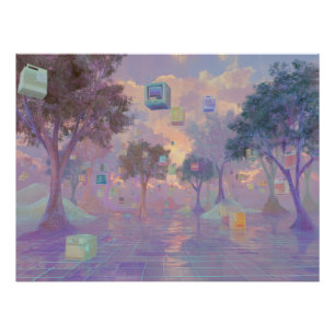 Poster Forêt de rêve Vaporwave avec fenêtres flottantes