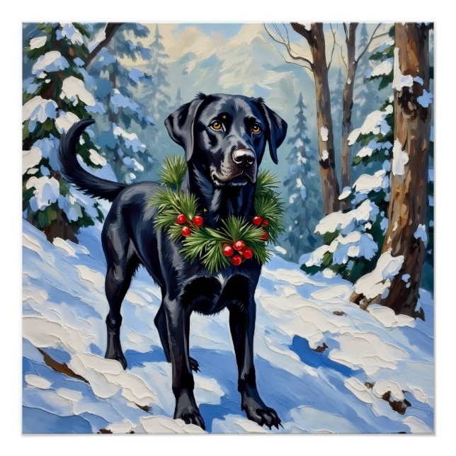 Poster Forêt sereine de Noël de l'hiver de Lab noir (Devant)