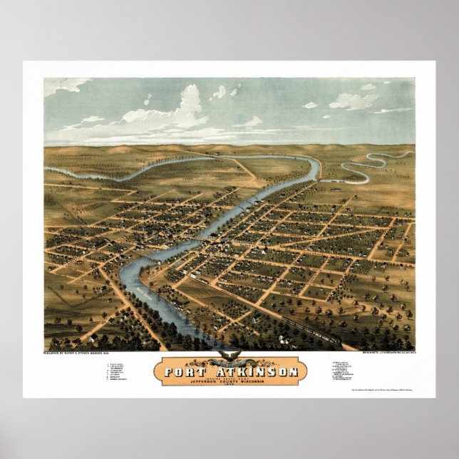 Poster Fort Atkinson, carte panoramique du WI - 1870 (Devant)