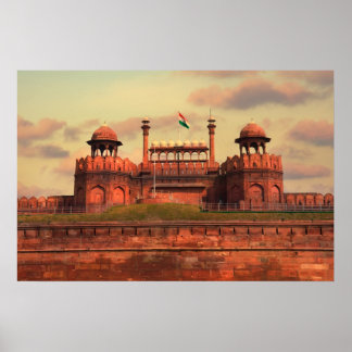 Poster Fort rouge à Delhi, Inde au coucher du soleil