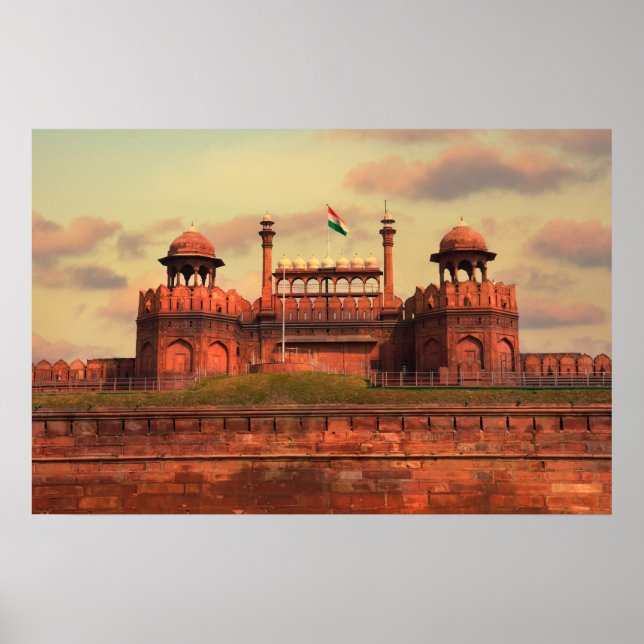 Poster Fort rouge à Delhi, Inde au coucher du soleil (Devant)