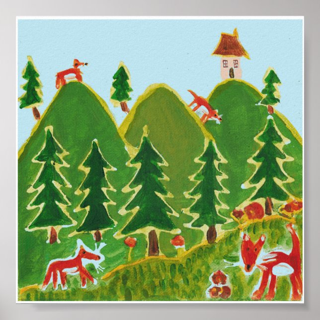 Poster Four Foxes on the hills painting (Devant)