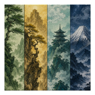 Poster Four Seasons Mountain Paysage à l'encre japonais