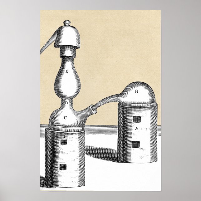 Poster Fourneau alchimique Athanor et fiole alambic (Devant)
