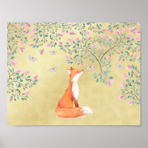 Poster Fox avec des papillons et des fleurs roses