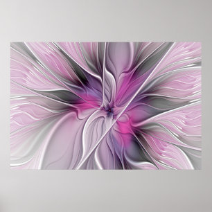 Poster Fractal Floral Moderne Abstrait Fleur Rose Gris