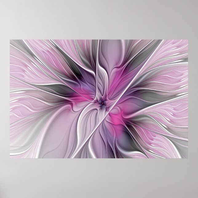 Poster Fractal Floral Moderne Abstrait Fleur Rose Gris (Devant)