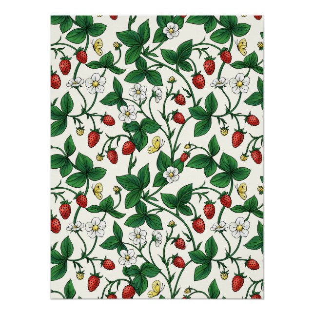 Poster Fraises sauvages rouge/jaune/vert/blanc cassé (Devant)