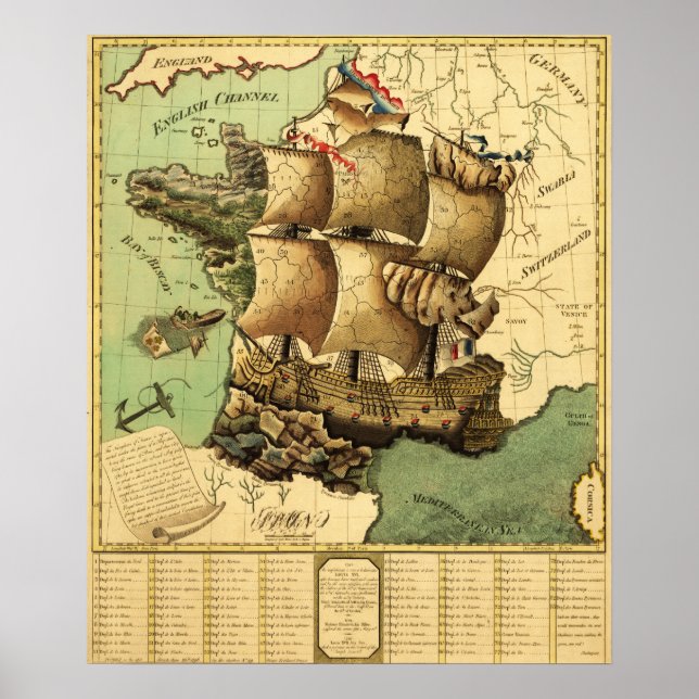 Poster France Represented as a ShipPanoramic Map (Devant)