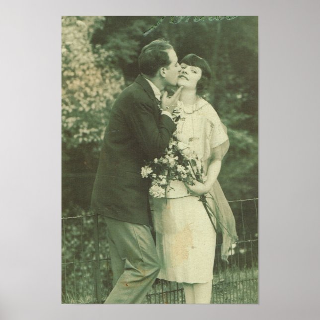 Poster France vintage, Couple Amoureux, baiser et fleurs (Devant)