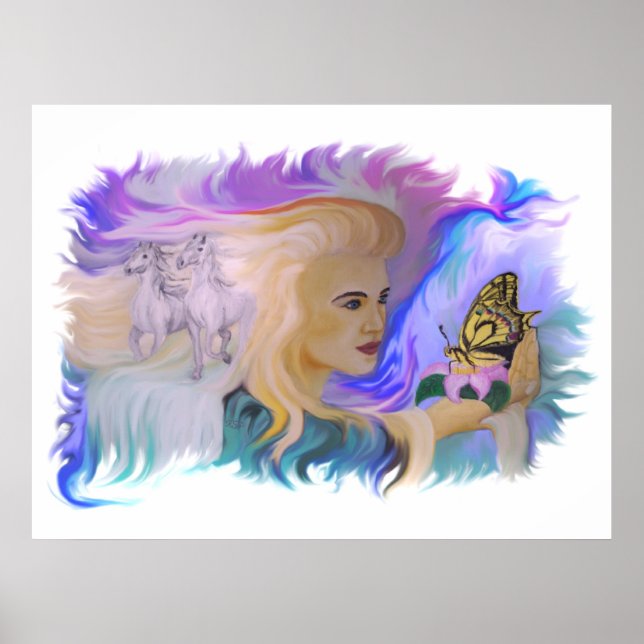 Poster Frau mit Pferd und Schmetterling à la main (Devant)
