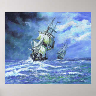 Poster Frégates de la Marine royale bloquant la côte fran