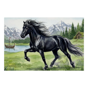 Poster Freydis Black Cheval islandais dans un paysage no