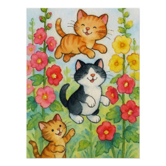 Poster Frolicking Country Chats in Flower Garden
