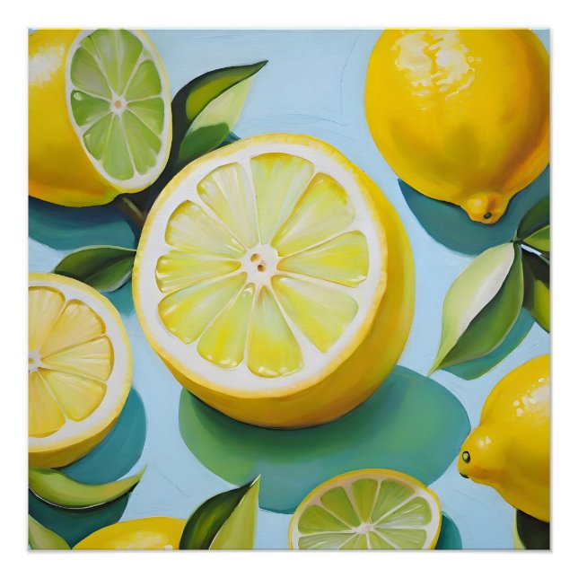 Poster Fruits de citron sur bleu (Devant)
