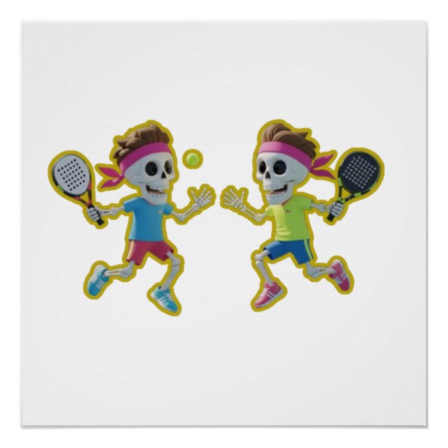 Poster Funny Cartoon Skeletons Playing Padel Tennis – 3D  (Devant)