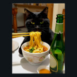 Poster Funny Cat and Noodles Scene – Asian Food Humor<br><div class="desc">Add a touch of humor to your space with this eye-catching design of a black cat staring at a bowl of noodles. With chopsticks,  a floral bowl,  and a beer bottle,  this quirky art is perfect for foodies and cat lovers alike.</div>