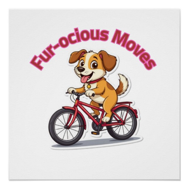 Poster **Funny Cycling Dog – Cute Dog Riding a Bicycle Il (Devant)
