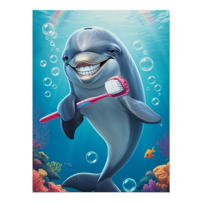 Poster funny dolphin brush teeth  (Devant)