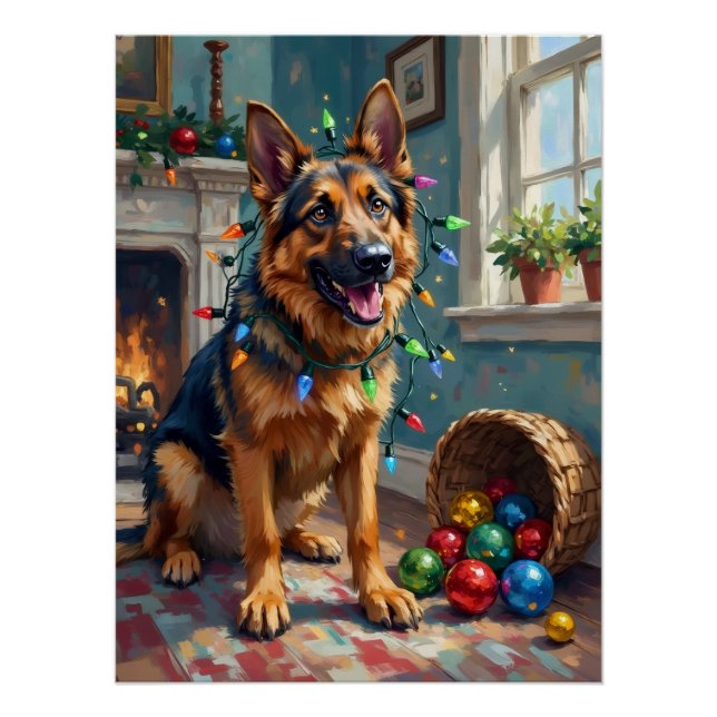 Poster Funny German Shepherd Tangled in Christmas Lights (Devant)