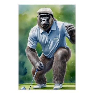 Poster Funny Gorilla dans Tan Casquette Chemise Bleue Jou