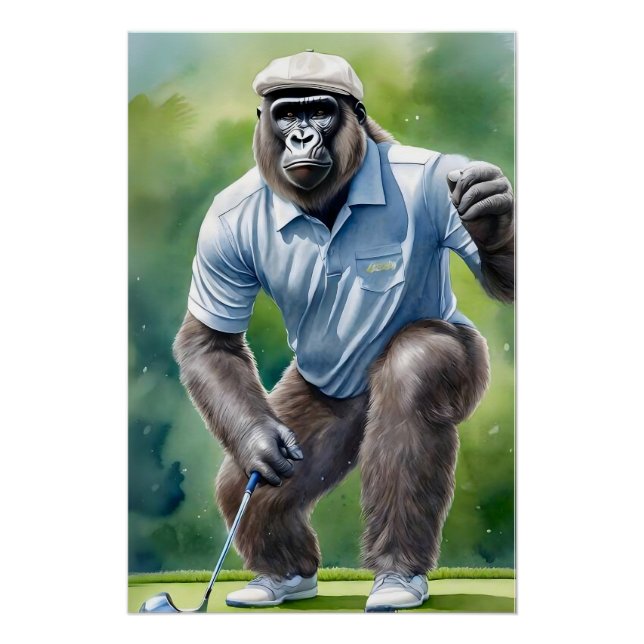 Poster Funny Gorilla dans Tan Casquette Chemise Bleue Jou (Devant)