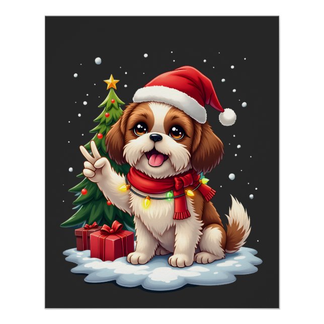 Poster Funny Peace Hand Shih Tzu Christmas Lights Womens  (Devant)