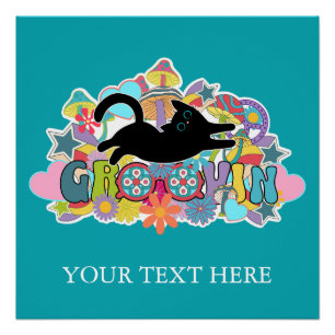 Poster Funny Retro Champignons Groovin Fleurs Chat Noir