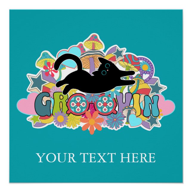 Poster Funny Retro Champignons Groovin Fleurs Chat Noir (Devant)